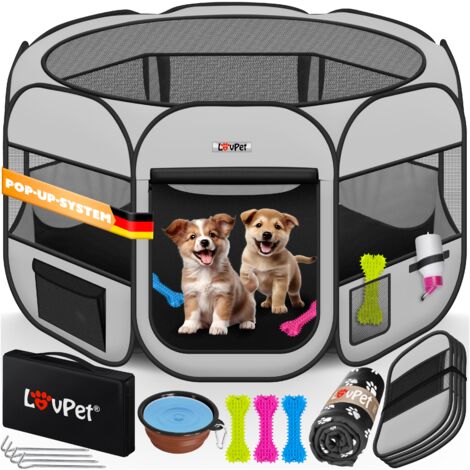 LOVPET® Puppy Playpen Corral plegable para animales pequeños Perros Gatos Incl. Dog bowl Dog Playpen Exterior Recinto Oxford Tela Pop-up Sistema de interior y al aire libre Gris claro / Negro