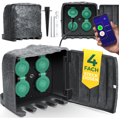 KESSER® Base de enchufe de jardín con aspecto de piedra con 4 tomas - con función WiFi Control mediante app - Incl. piqueta de tierra  Múltiples tomas de exterior con cable alargador de 3m  Antracita 