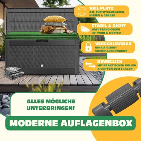 KESSER® caja para cojines caja para cojines de 310 litros con ruedas tapa abatible asas caja de jardín con aspecto de ratán caja de jardín resistente a la intemperie caja de almacenamiento  antracita