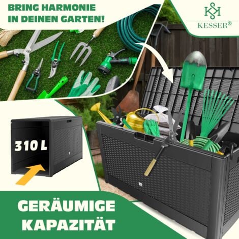KESSER® caja para cojines caja para cojines de 310 litros con ruedas tapa abatible asas caja de jardín con aspecto de ratán caja de jardín resistente a la intemperie caja de almacenamiento  antracita