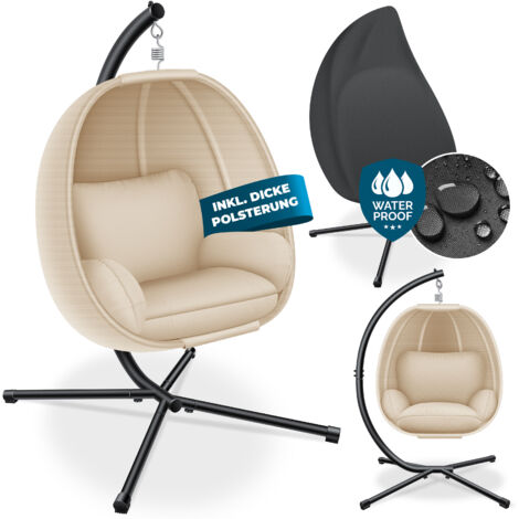 KESSER® Luxe silla colgante con estructura + cojín de asiento blando  acolchado lateral  cojín de asiento y respaldo cesta colgante para interior y exterior  cesta columpio de jardín  beige