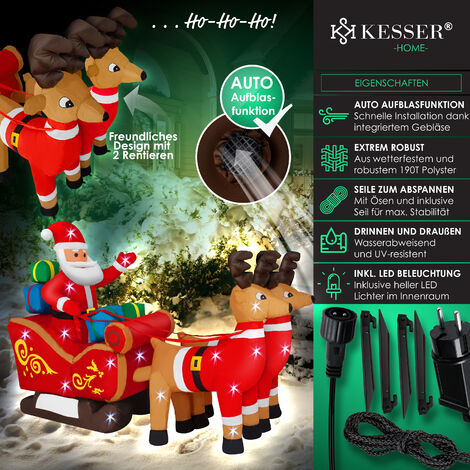 KESSER® Hinchable Papá Noel con trineo XXL Papá Noel Reno Navidad Santa Claus Decoración LED iluminado incl. material de montaje  XL