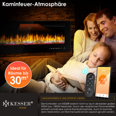 KESSER® Chimenea Eléctrica de Pared con Calefacción 9 Modos de Color Efecto de Llama LED, 900/1800 W Chimenea de Pared y Calefacción de Pared Función de App Control Remoto Pantalla Táctil Negro, 127 c