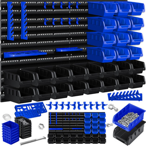 MASKO® Estantería de pared + Cajas apilables + Portaherramientas, Caja 45 pzs., Expandible, Caja set, Cajas de almacenaje de frente abierto, Cajas apilables + Portaherramientas, Azul (1/5)