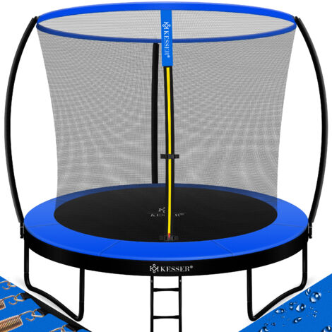 KESSER® trampolín trampolín de jardín certificado TÜV Rheinland GS hasta 150 kg con red de seguridad escalera cubierta de bordes Azul / Negro