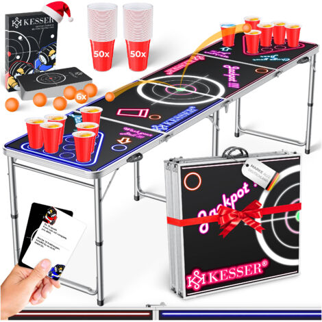 KESSER® Juego de Mesa Beer Pong con Cartas Juego de Beber - incl. 100 vasos (50 rojos y 50 azules)  6 bolas + reglas Juegos de Fiesta Mesa Altura Ajustable  Clásico - con LED