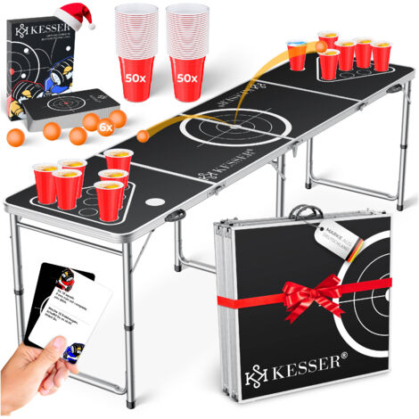 KESSER® Cerveza Pong Juego de mesa con juego de cartas Juego de beber - incl. 100 vasos (50 rojo y 50 azul)  6 bolas + Reglas Juegos de Fiesta Mesa ajustable en altura  Clásico