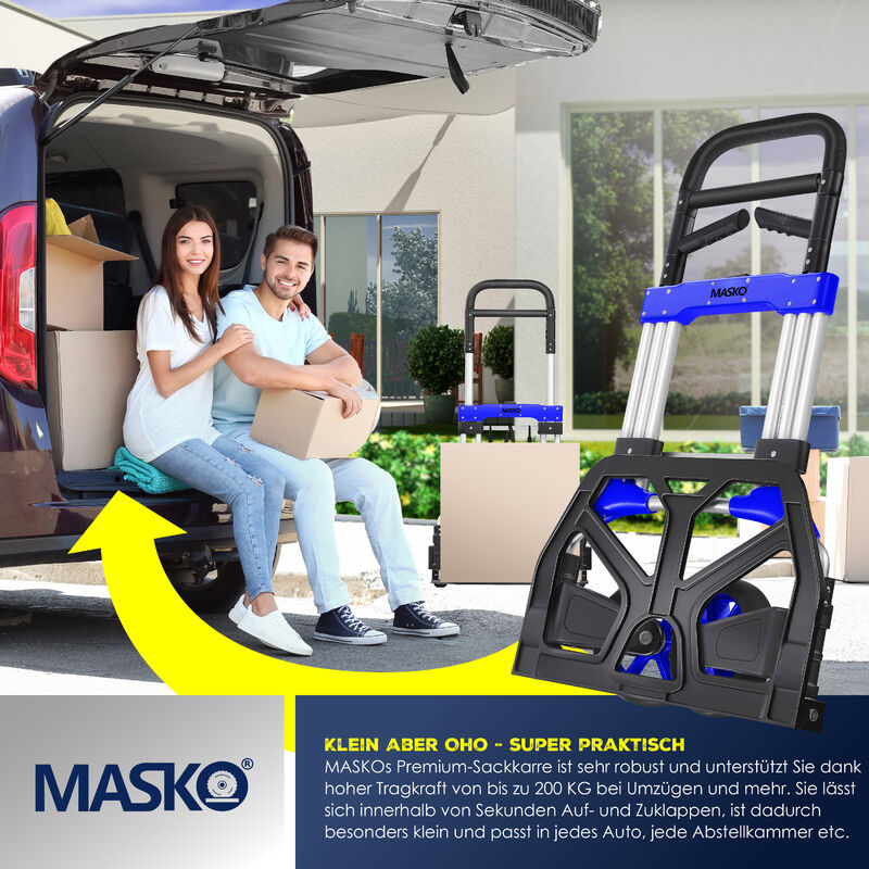 MASKO® Carrello portasacchi pieghevole Capacità di carico 200 kg incl.  ruote in gomma piena, + 2 corde di espansione + guanti - Maniglia a tripla  regolazione in altezza - Ampia superficie di carico Bl