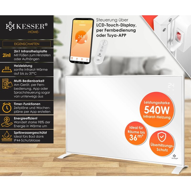 KESSER® Riscaldatore a infrarossi per l'interno ad alta efficienza  energetica con oscillazione a 360°, riscaldamento a infrarossi  indipendente, riscaldamento elettrico con IP55, riscaldatore per patio