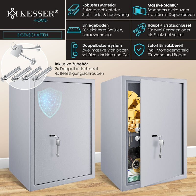 KESSER® Cassaforte a mobile con serratura a doppia mappa Safe Cassaforte a  muro a pavimento Cassaforte a muro 50x35x31cm incl. 2 x chiavi e vite di  fissaggio Argento