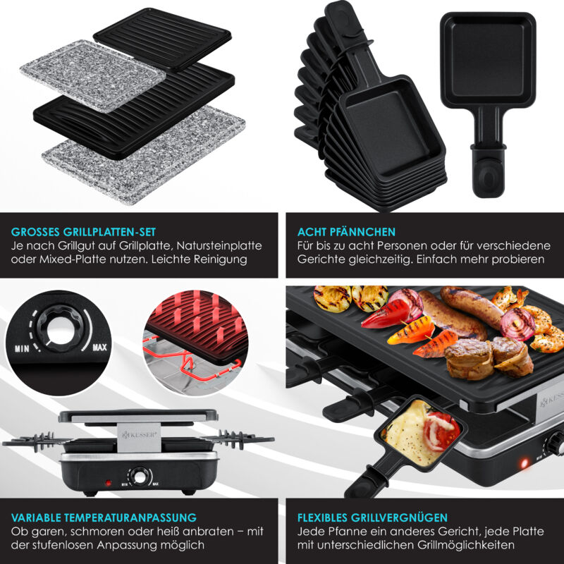 Raclette Per 8 Persone: Con Pietra In Granito E Piastra Antiaderente, 1400W, 8 Padelle E Spatola In Legno Incluse