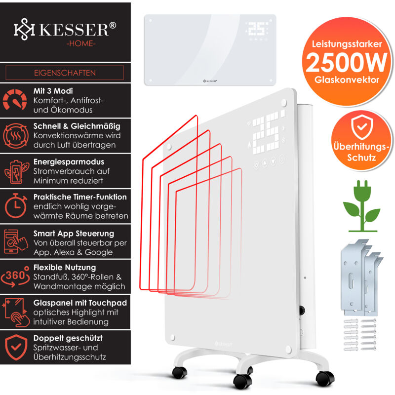 Termoconvettore KESSER 2000 Watt - Timer 24h, 3 Livelli Di Potenza, Termostato Regolabile