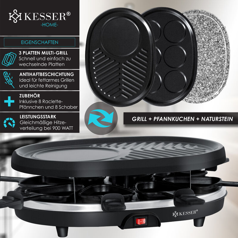 KESSER® Raclette grill da tavolo, grill elettrico per feste con set di 3  piastre - grill + pancake + pietra naturale