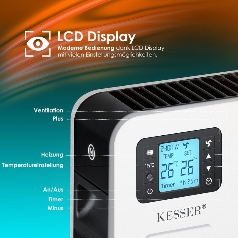 KESSER® Termoconvettore in vetro con funzione APP WiFi, con telecomando,  riscaldamento elettrico a pavimento o a parete, touch screen, display LCD,  timer, 2500 Watt : : Casa e cucina