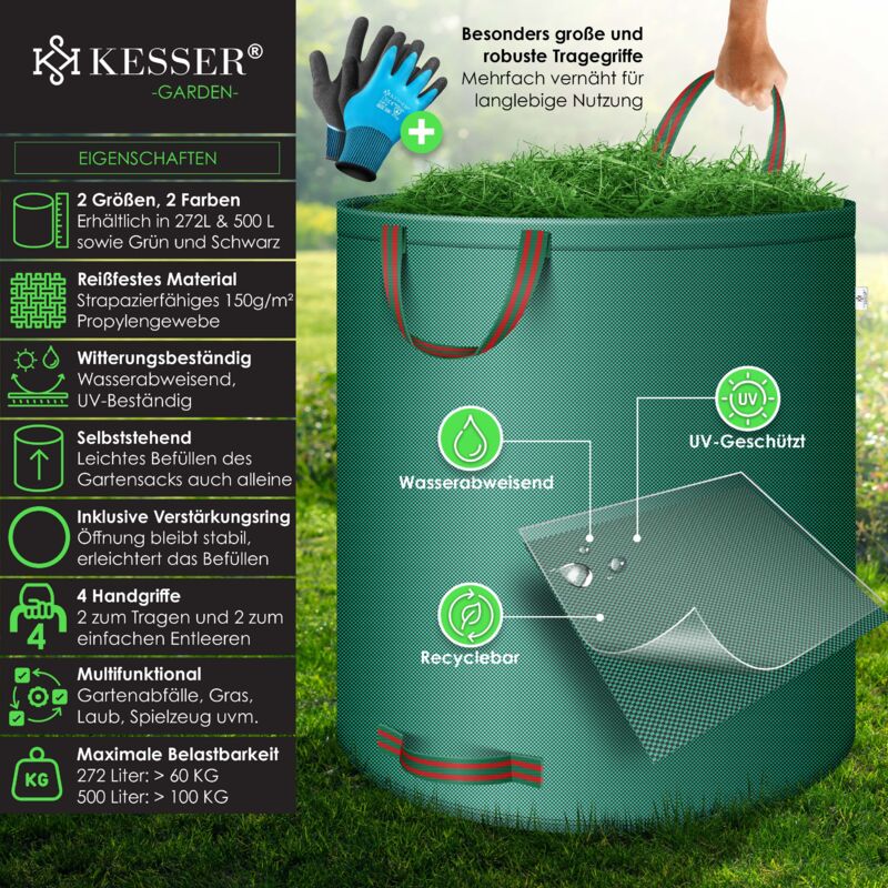 Sacchetti per rifiuti da giardino, 60L/100L106L/120L/272L/300L/400L/500L, sacchi da giardino riutilizzabili resistenti con manici, sacchi per rifiuti da giardino/verde, pieghevoli per raccogliere