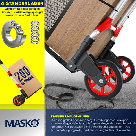 MASKO® Carrello portasacchi pieghevole Capacità di carico 200 kg incl. ruote  in gomma piena, + 2 corde di espansione + guanti - Maniglia a tripla  regolazione in altezza - Ampia superficie di carico Ro