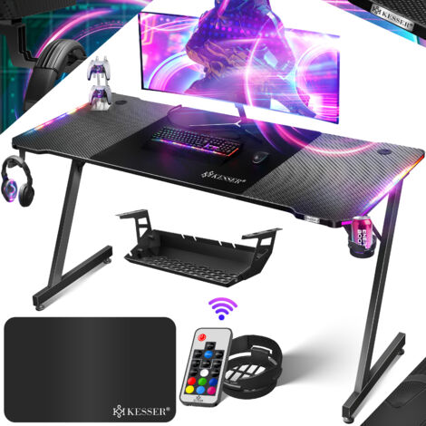 KESSER® Ultimate Gaming Desk Scrivania da gioco con telaio a Z e portabicchieri Gancio per cuffie Scrivania per computer Scrivania per PC Scrivania ergonomica per giocatori 180 x 80 cm Carbonio n