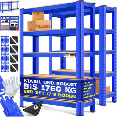 MASKO® Set di 2 scaffali , Portata fino a 875 kg, 4 o 5 ripiani regolabili, Pannelli in MDF, Scaffali in metallo, Blu-875kg / 2x 180x90x40cm 5 ripiani (1/5)