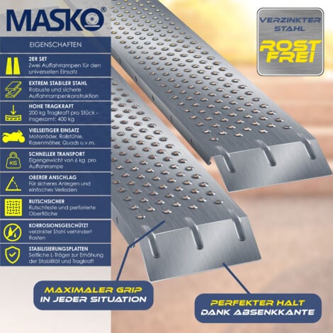 MASKO® 2X rampa di carico 400kg  rampa di carico  binario di carico  acciaio zincato  antiscivolo  200kg per pezzo  max 400kg per coppia  2x rampa di carico