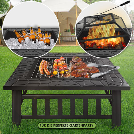 KESSER® Caminetto con griglia e pinze per barbecue Braciere 82x82x50 cm,  braciere multifunzionale 3 in