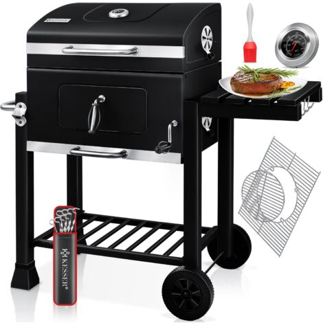 KESSER® BBQ Smoker XL Carrello per Barbecue a Carbone con Coperchio, Ruote, Maniglia in Acciaio Inox, Rastrelliera per griglia e Termometro, 8 Spiedini con Sacchetto e Spazzola in Silicone