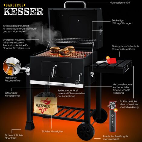 KESSER® BBQ Smoker XL Carrello per Barbecue a Carbone con Coperchio, Ruote, Maniglia in Acciaio Inox, Rastrelliera per griglia e Termometro, 8 Spiedini con Sacchetto e Spazzola in Silicone