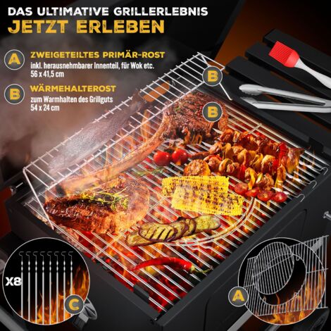 KESSER® BBQ Smoker XL Carrello per Barbecue a Carbone con Coperchio, Ruote, Maniglia in Acciaio Inox, Rastrelliera per griglia e Termometro, 8 Spiedini con Sacchetto e Spazzola in Silicone