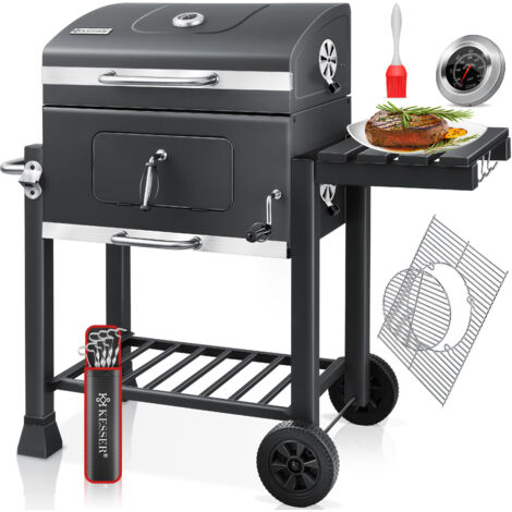 KESSER® BBQ Smoker XL Carrello per Barbecue a Carbone con Coperchio, Ruote, Maniglia in Acciaio Inox, Rastrelliera per griglia e Termometro, 8 Spiedini con Sacchetto e Spazzola in Silicone