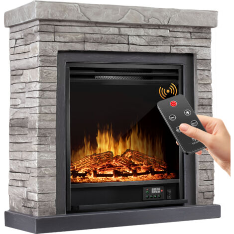 KESSER® Caminetto elettrico a piantana - Caminetto elettrico con effetto fiamma LED 3D  con funzione di riscaldamento  caminetto elettrico con 1800W di potenza  timer settimanale  stone look / grigio