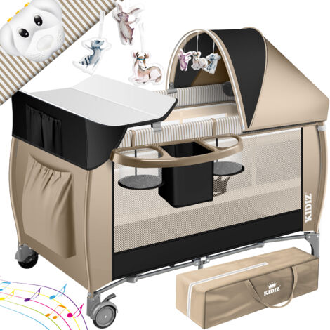 KIDIZ® Lettino per bambini 3 in 1 set combinato lettino per bambini con fasciatoio zanzariera box per bambini dalla nascita fino a 15 kg pareti laterali ariose con ingresso laterale nero / beige