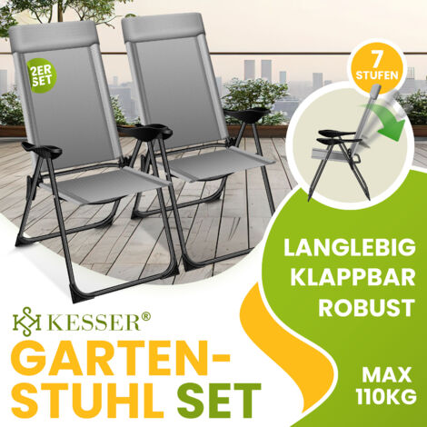 KESSER 4 sedie da giardino/campeggio in alluminio, schienale alto regolabile in 7 posizioni, braccioli, cuscino e copertura, traspiranti, a prova di intemperie, pieghevoli, antiscivolo, grigio talpa