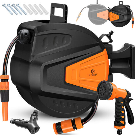 KESSER® Avvolgitubo Avvolgitubo per acqua Incl. distributore a 2 vie + doccia multimano Avvolgitubo per acqua Automatico Orientabile a 180° Supporto a muro 15 metri / Arancione