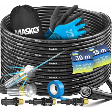 MASKO® Premium set di tubi per la pulizia dei tubi di scarico 200 bar incl. borsa 3 adattatori 2 ugelli + rotante compatibile con Kärcher 30m / Nero - Premium