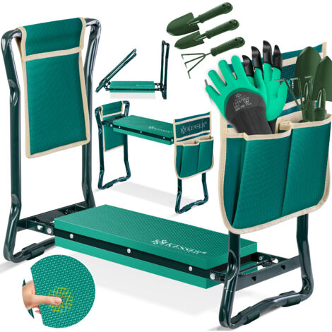 KESSER® 2 in 1 Panchina XXL per giardinaggio imbottita Cuscino in schiuma di Eva Sgabello da giardino pieghevole Incl. 2x Borsa per attrezzi Panchina da giardino regolabile in altezza Verde / Beige