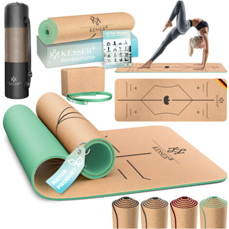 KESSER® Tappetino da yoga in sughero con borsa per il trasporto e tappetino da ginnastica yoga block tappetino da yoga antiscivolo in gomma naturale TPE tappetino da fitness verde menta
