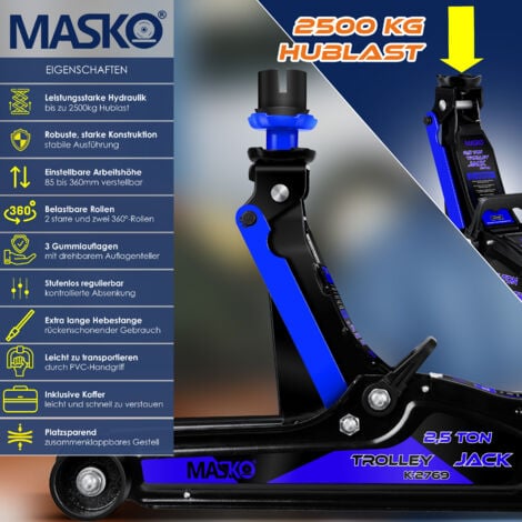 MASKO® Martinetto idraulico per auto, Altezza di sollevamento piatta, 2x supporto in gomma, Guanti, Rulli idraulici a 360°, Sottocassa Blu / 2,5 Tonnellate