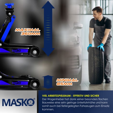 MASKO® Martinetto idraulico per auto, Altezza di sollevamento piatta, 2x supporto in gomma, Guanti, Rulli idraulici a 360°, Sottocassa Blu / 2,5 Tonnellate