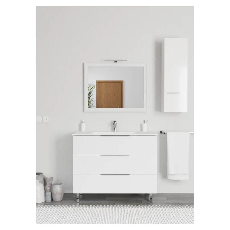 Mobile bagno a terra SIENA bianco lucido da 105 cm, 3 cassetti e lavabo in  ceramica bianco opaco