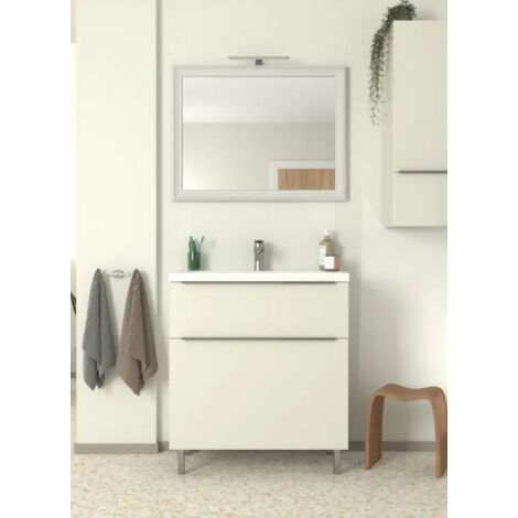 Mobile bagno GENOVA 80 cm bianco opaco, lavabo ceramica, 1 cassetto + 1  cassettone