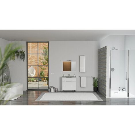 Mobile Bagno a Terra 80 cm con Lavabo in Ceramica e 3 Cassetti Bianco  Lucido