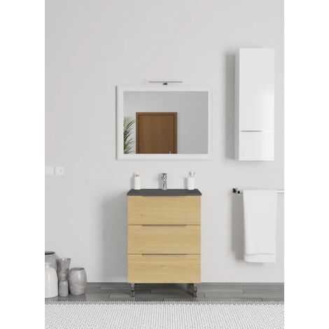 Mobile bagno a terra 60cm rovere chiaro con lavabo e specchio mod