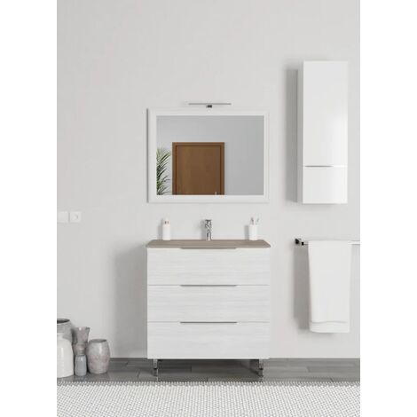 Mobile bagno a terra SIENA bianco frassinato da 80 cm, 3 cassetti e lavabo  ceramica beige opaco