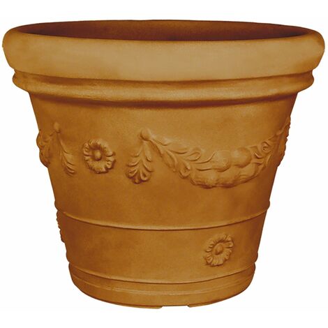 Vase "Festone" mit Doppelrand, rund, aus Harz, mit Dekoration für den Außenbereich "Made in Italy". -Terrakotta / 65 cm