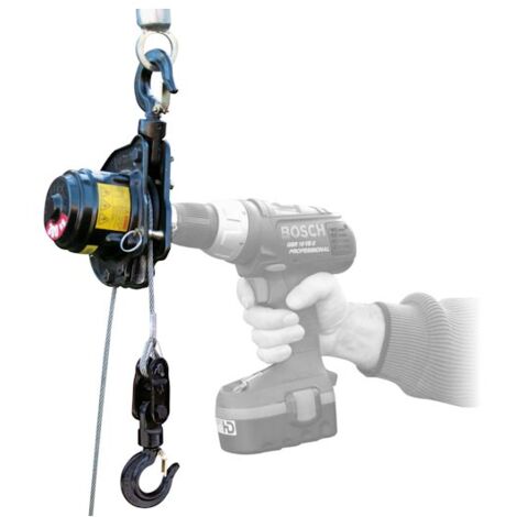 Mini treuil portatif 300 kg – PULLEYMAN – Câble acier galvanisé 12m Ø 4,76mm – Actionné par visseuse électrique – Pour levage et halage