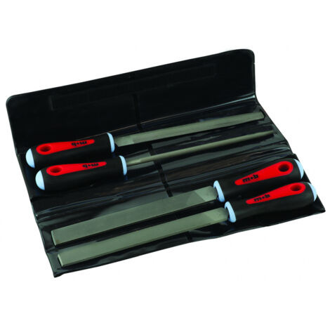 Mob Outillage – Trousse de 4 limes bi-matière 200 mm – Acier allié au chrome – Manche bi-matière pour confort – Dureté 65 HRC
