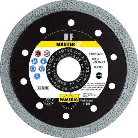 Disque diamant pour meuleuse – Ø 125 mm – Alésage 22,2 mm – Denture continue alternée pour carrelage et grès cérame – Samedia (1/3)