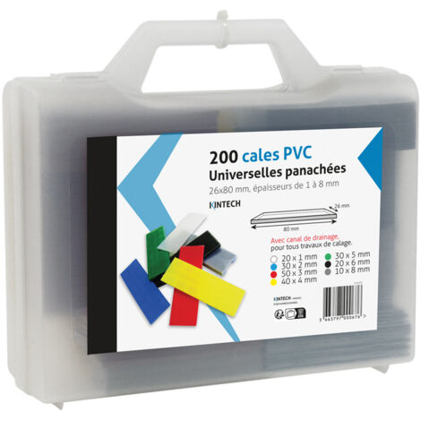 Valisette de 200 cales de vitrage 80x26mm – Assortiment 20x1 blanc, 30x2 bleu, 50x3 rouge, 40x4 jaune, 30x5 vert, 20x6 noir, 10x8 gris