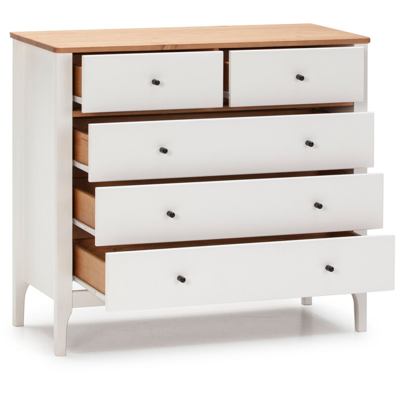 Cassettiera Luca 5 cassetti Bianco, Legno Massello, 90 cm (Larghezza) 40 cm  (Profondità) 82 cm (Altezza)