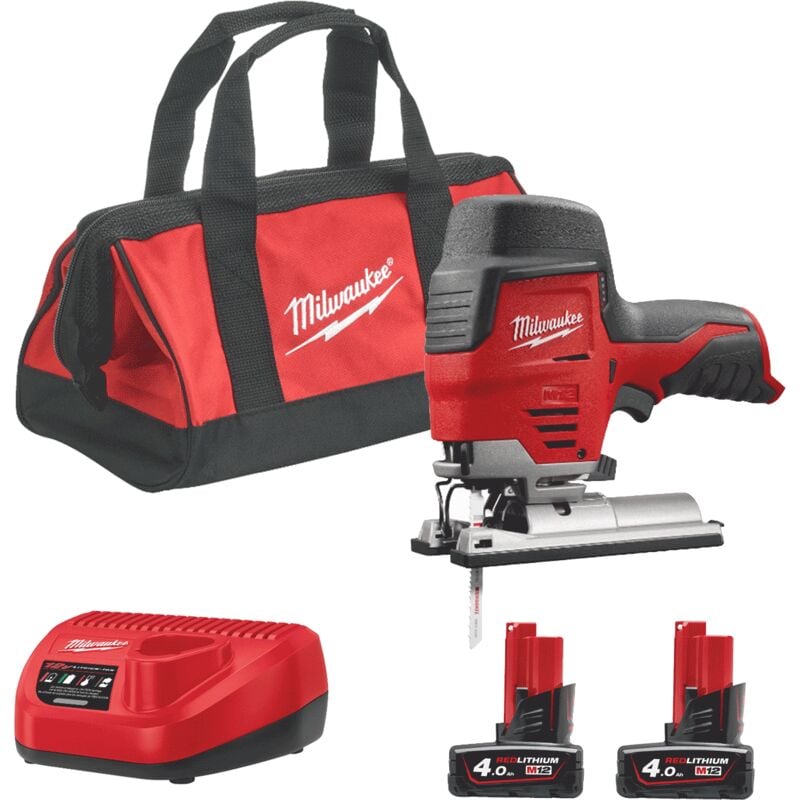 Milwaukee M12JS-402B 12v Sub Compact Jigsaw Cordless 2 x M12B4 Batteries, C12C Charger and 16" Bag 4933441700