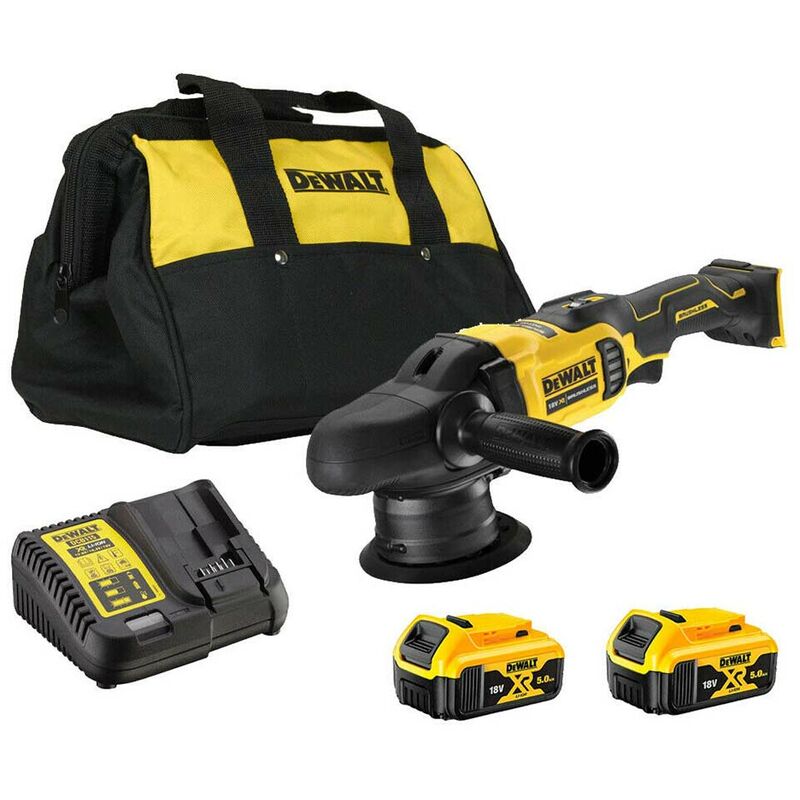 DeWalt DCM848P2 Cordless 18V XR 125mm Dual Action Polisher Set With Carry  Bag, 2x5Ah Batteries and Charger